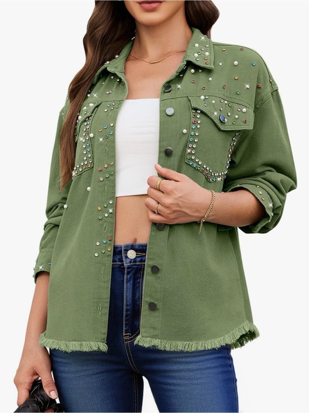 Brand New! Olive Green Embellished Button-Up Denim Top - Med & Lrg